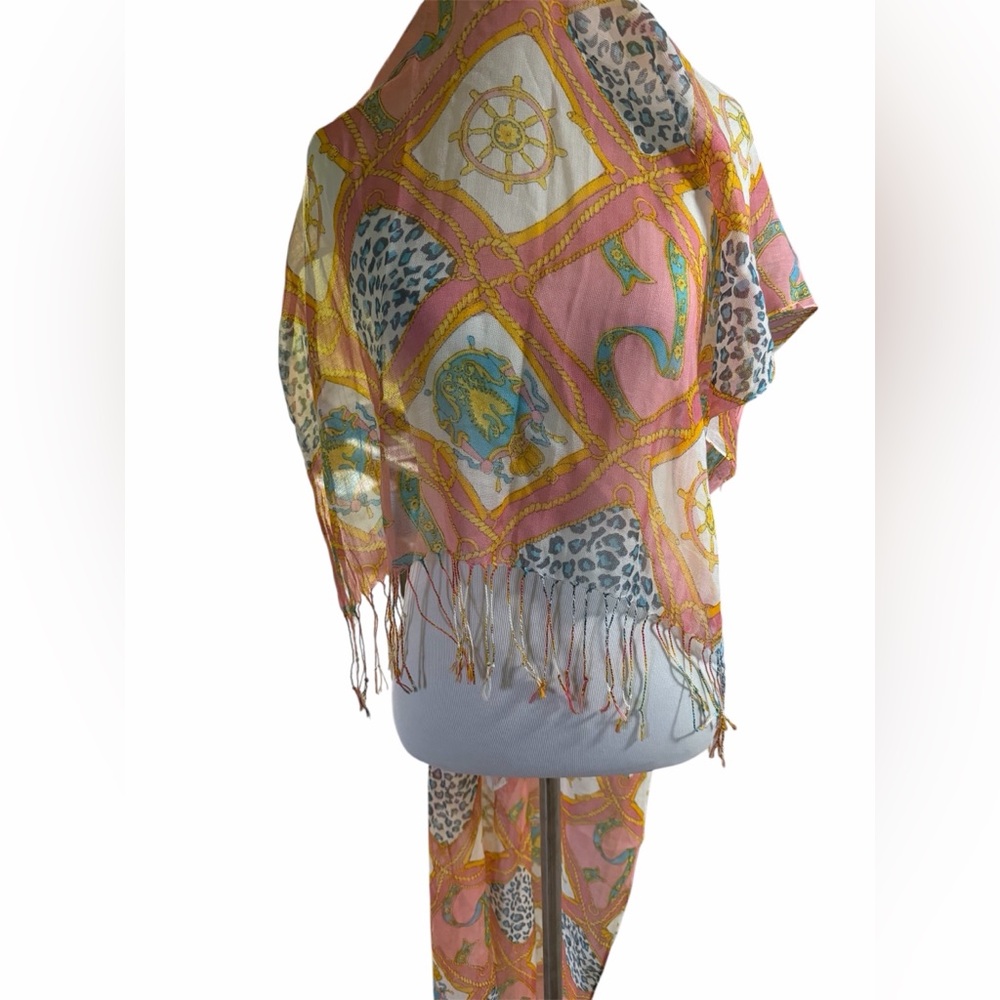 Cotton Gauze Pink & Gold Scarf Shawl with Nautical and Leopard Print, 2ft X 6 ft